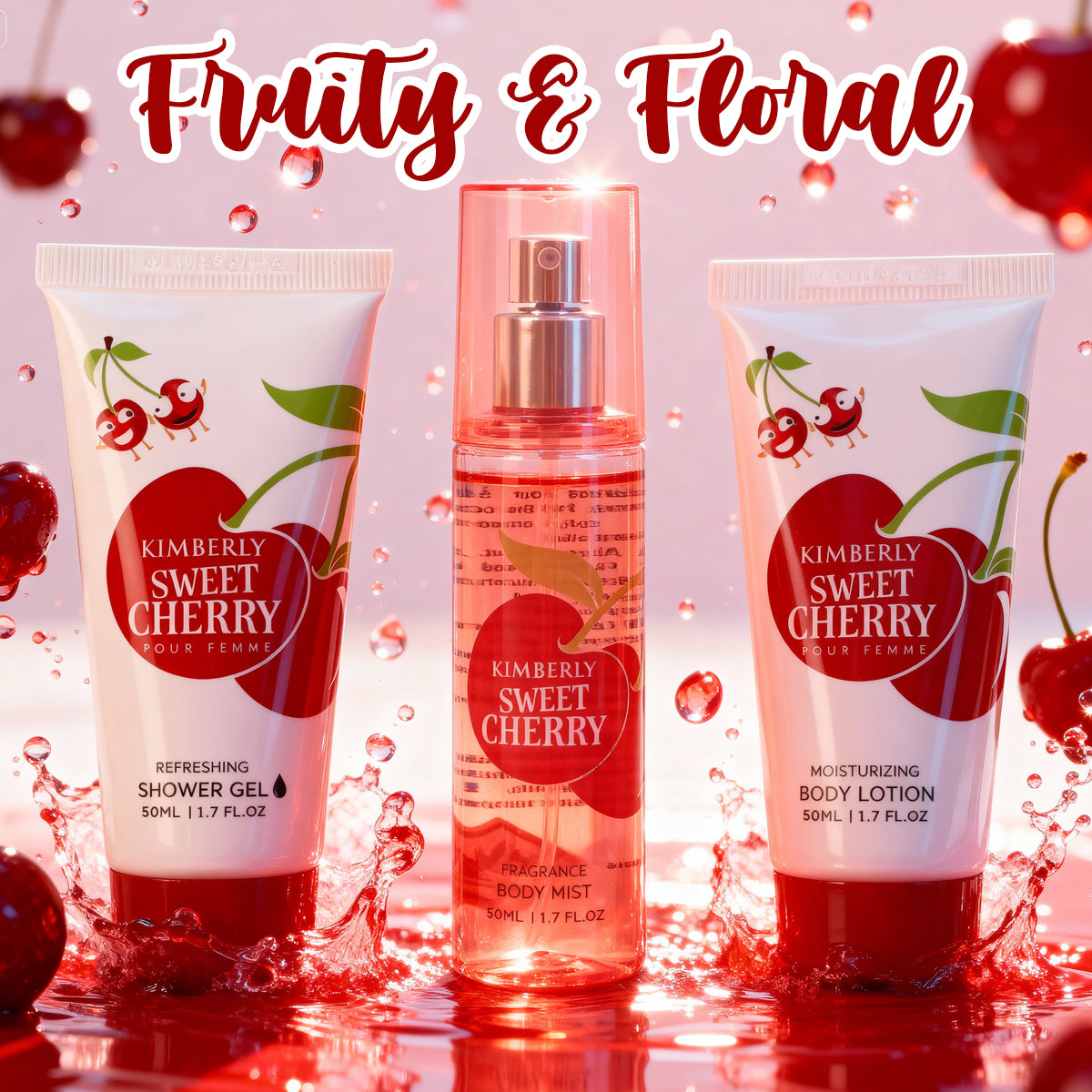 Kimberly Sweet Cherry Refreshing Shower Gel, Fragrance Body Mist Moisturizing Body Lotion For Women - 50ML/1.7FL.OZ