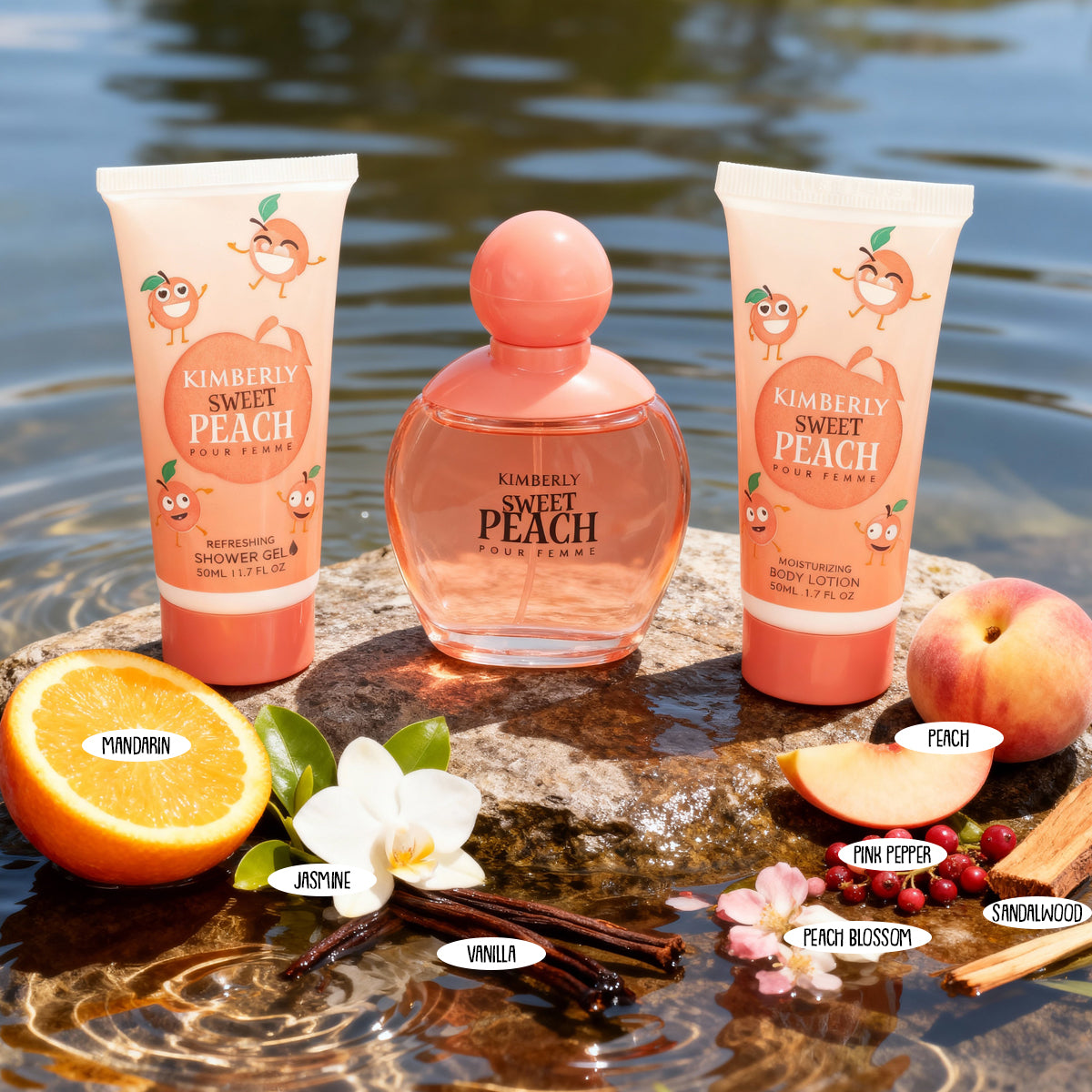 Kimberly Sweet Peach Shower Gel, Spray Perfume Eau De Parfum, Body Lotion For Women 50ML/1.7FL.OZ/3 GIFT SET