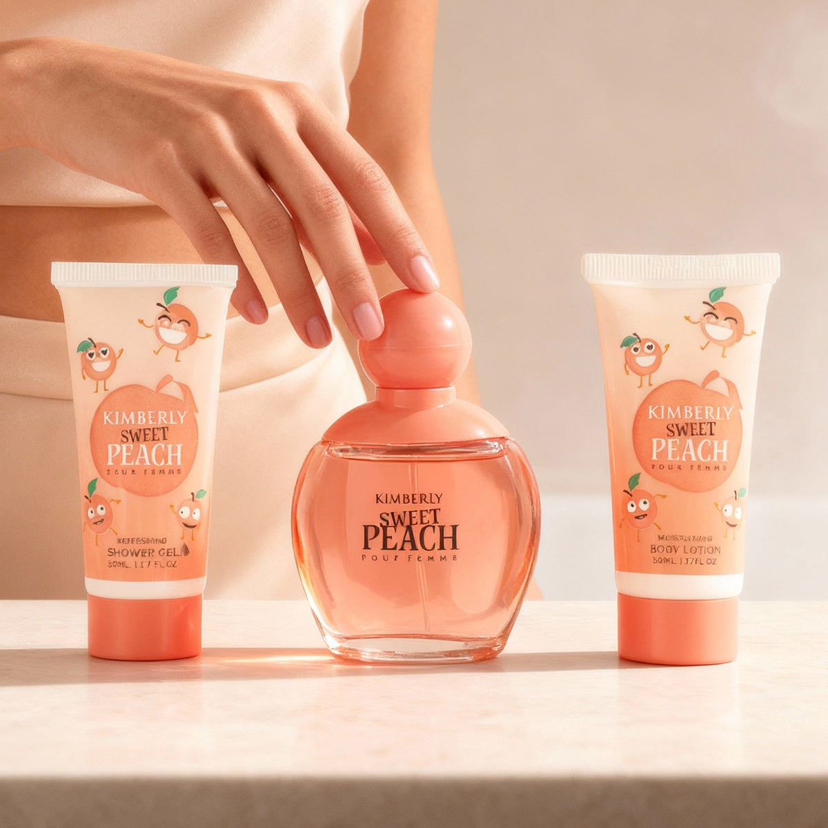 Kimberly Sweet Peach Shower Gel, Spray Perfume Eau De Parfum, Body Lotion For Women 50ML/1.7FL.OZ/3 GIFT SET