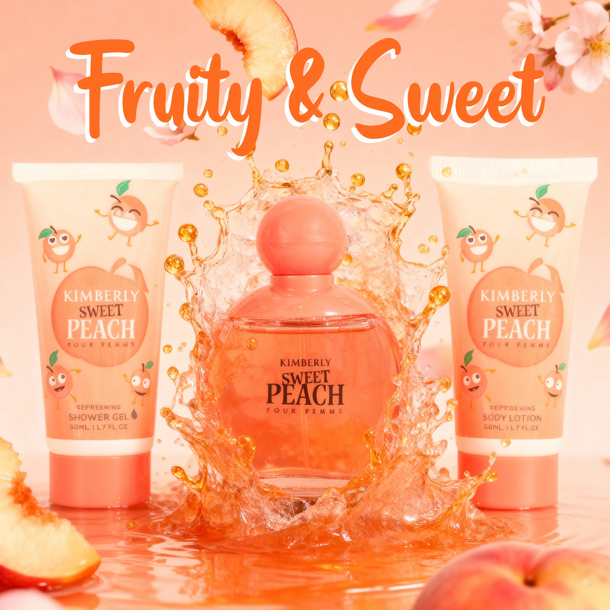 Kimberly Sweet Peach Shower Gel, Spray Perfume Eau De Parfum, Body Lotion For Women 50ML/1.7FL.OZ/3 GIFT SET