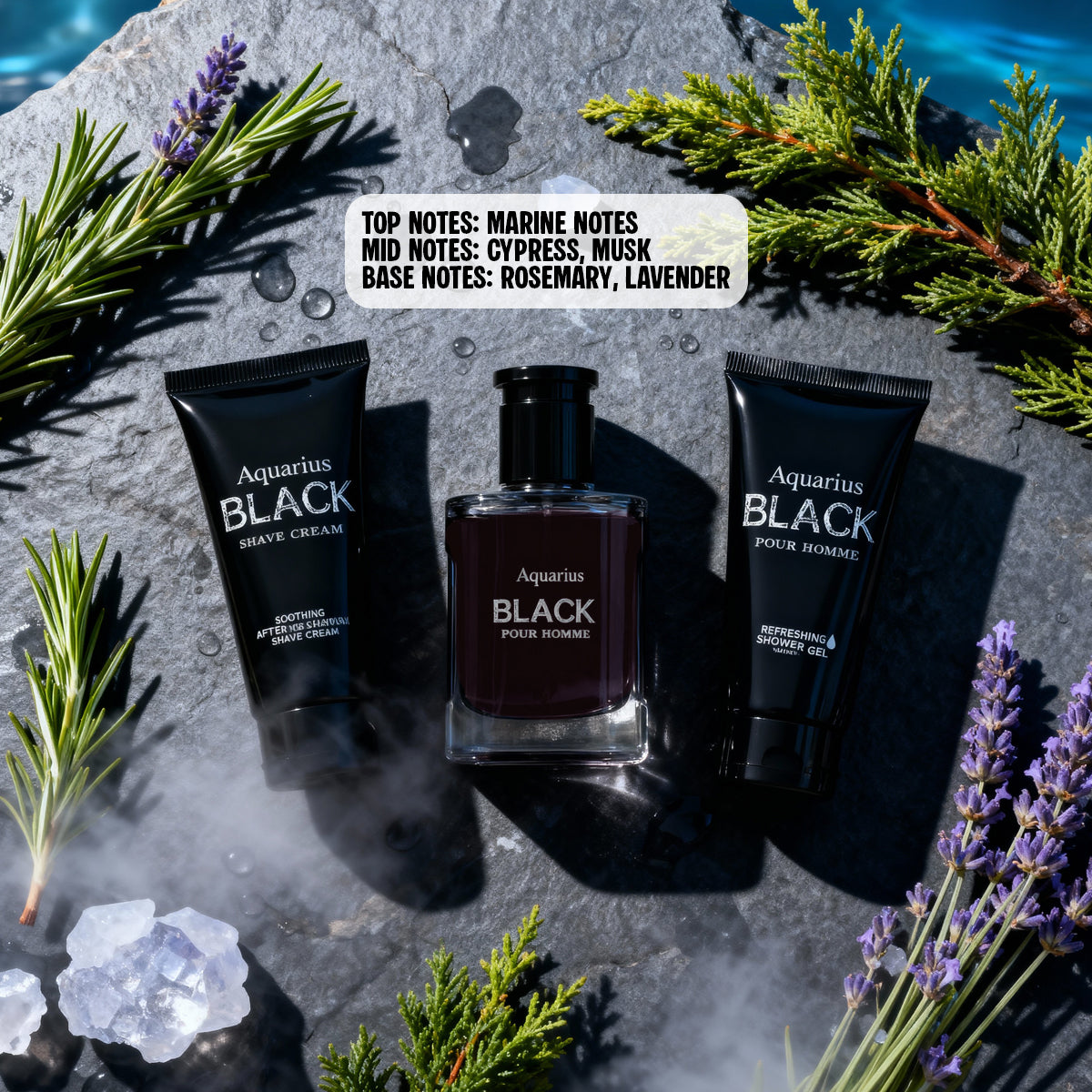 Aquarius Black After Shave Cream, Spray Perfume Eau De Toilette, Shower Gel For Men 50ML/1.7FL.OZ/3 GIFT SET