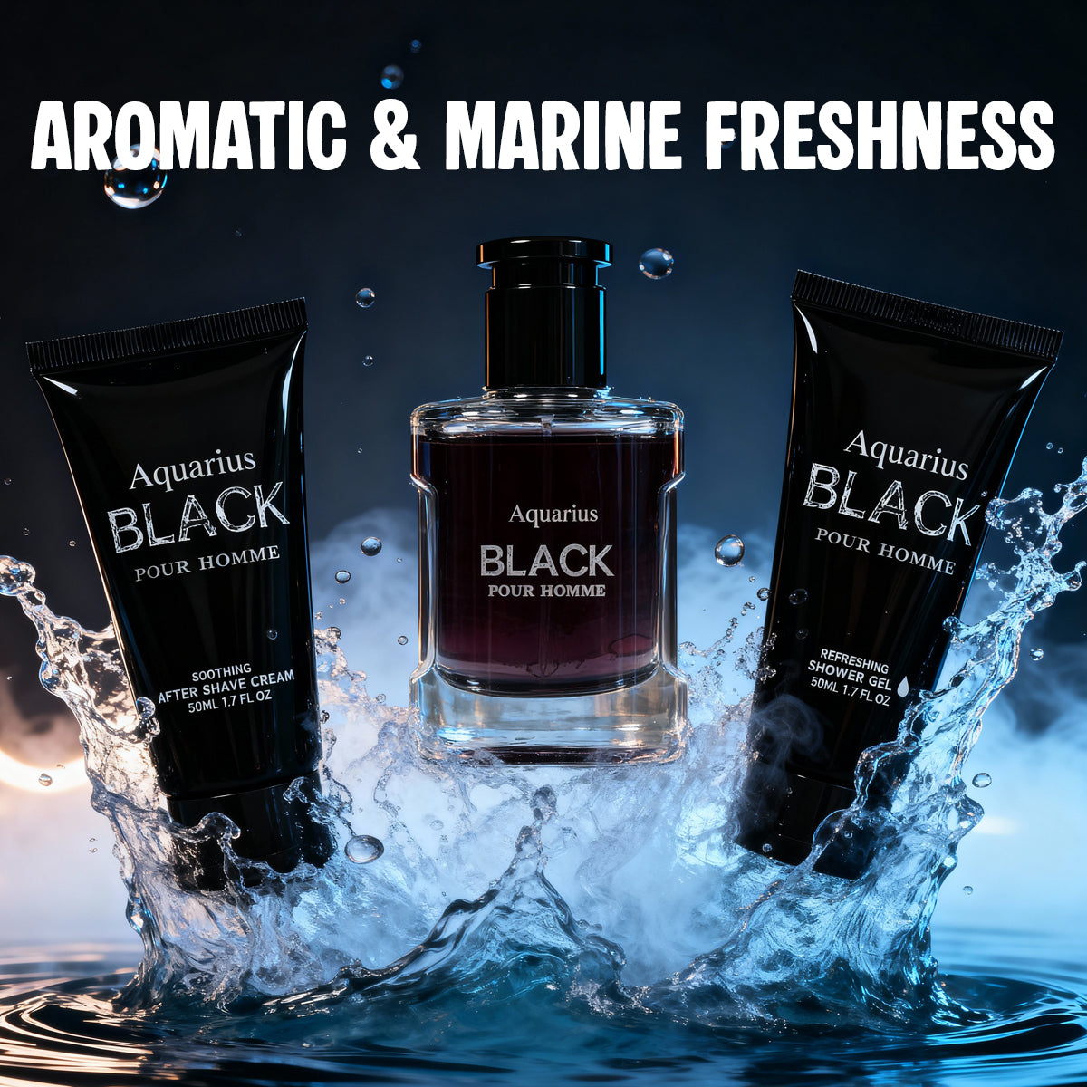Aquarius Black After Shave Cream, Spray Perfume Eau De Toilette, Shower Gel For Men 50ML/1.7FL.OZ/3 GIFT SET