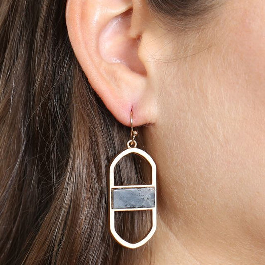 Open Oval Natural Stone Drop Earrings Matte Gold Black