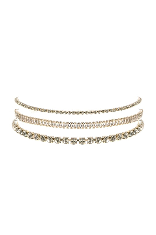 Cubic Zirconia & Rhinestone Baguette 3 Layer Choker Set Necklace