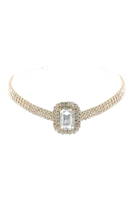 Big Rectangle Rhinestone 3 Row Choker Necklace