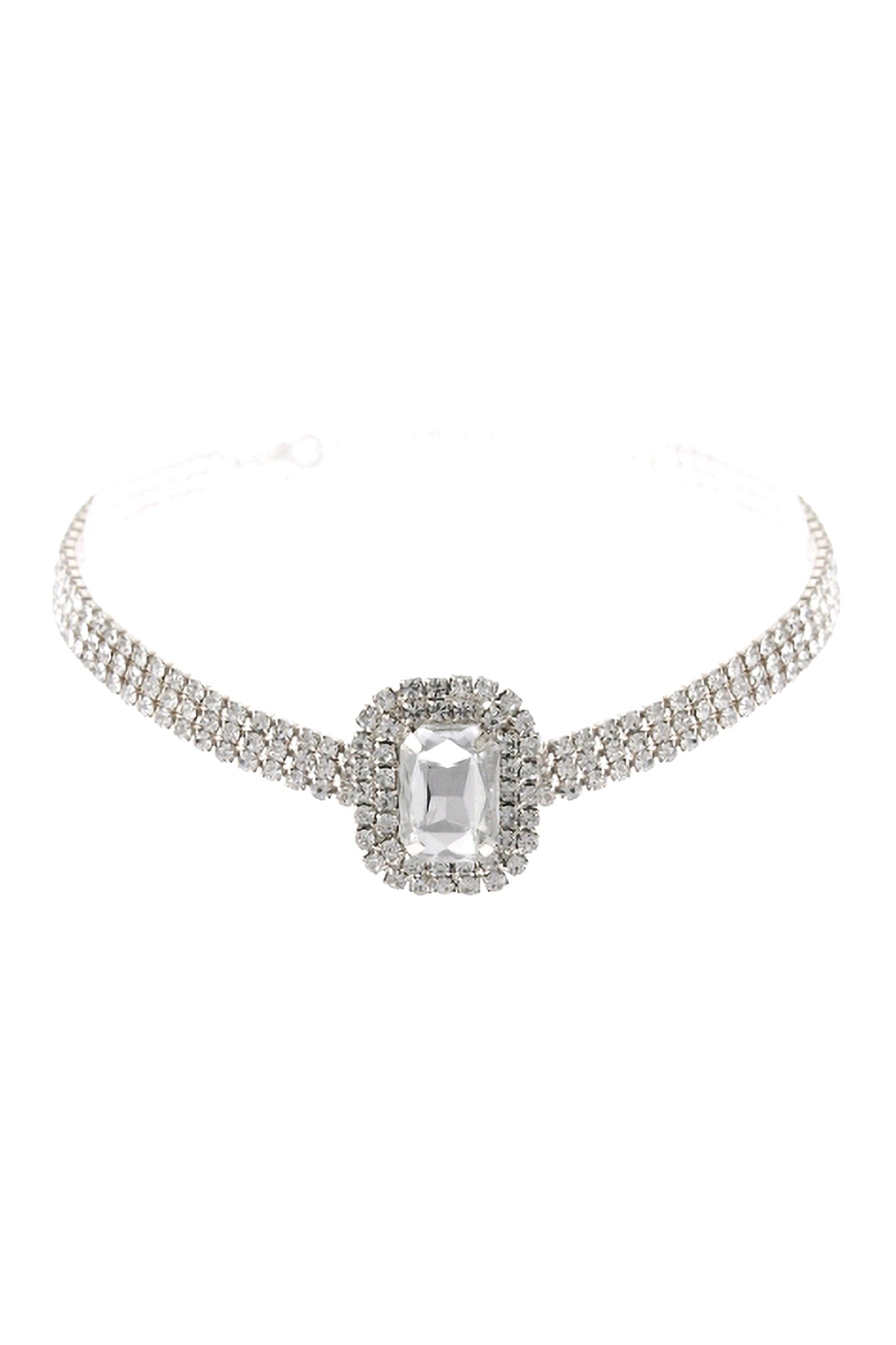 Big Rectangle Rhinestone 3 Row Choker Necklace