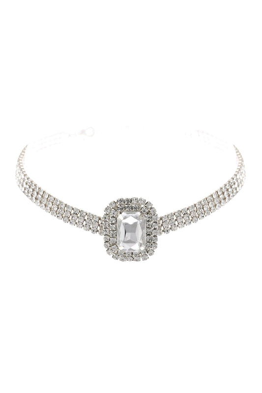 Big Rectangle Rhinestone 3 Row Choker Necklace