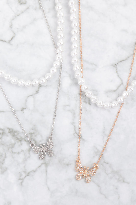 Pearl and Butterfly Statement Layered Necklace