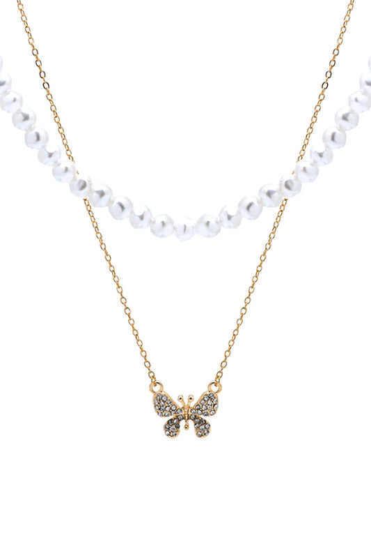 Pearl and Butterfly Statement Layered Necklace