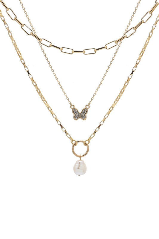 Fresh Water Pearl with Butterfly Layered 3 Set Chain Necklace