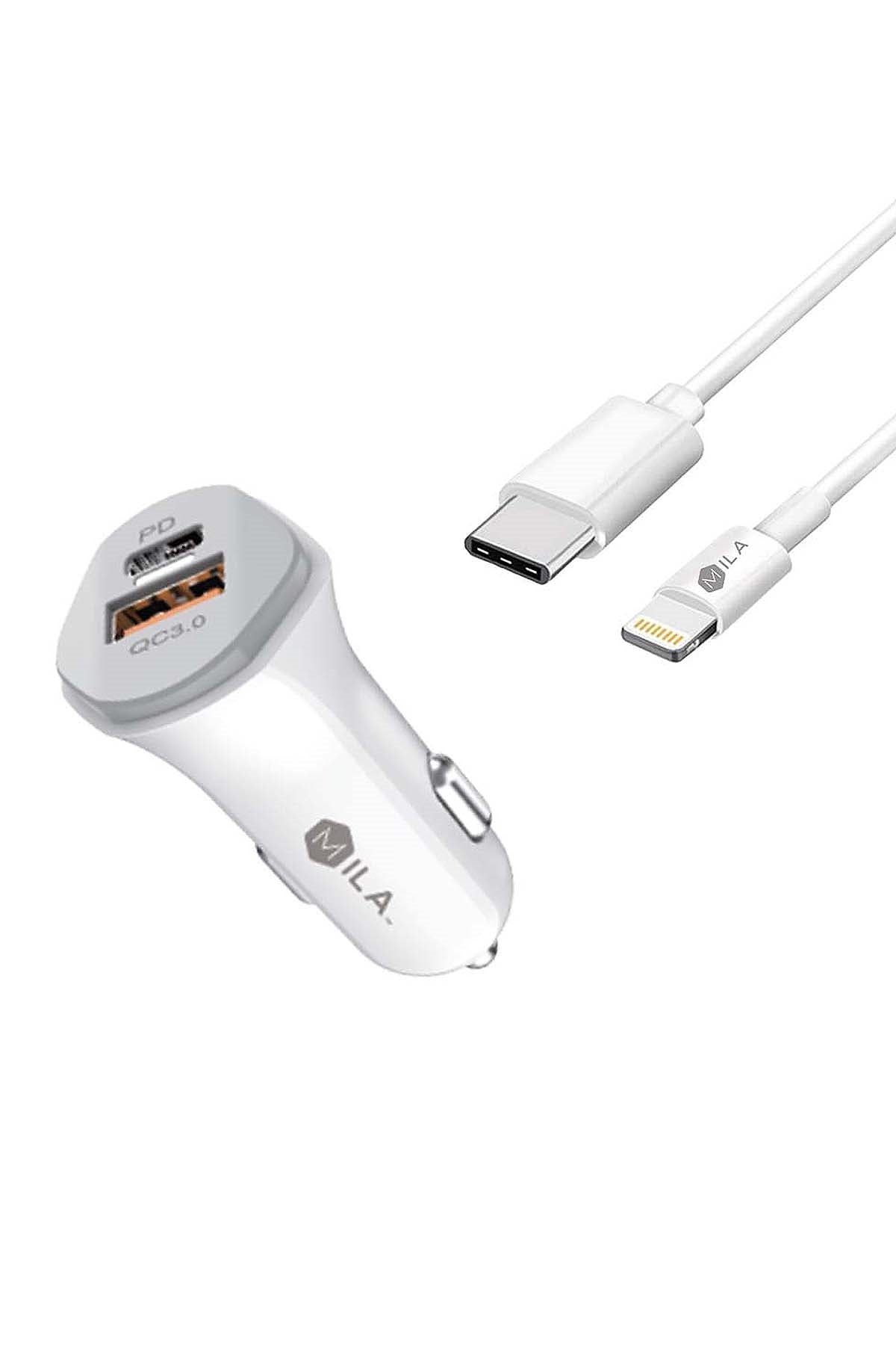 Mila 3.0A Fast Charge USB And USB-C Port Car Charger With Type-C To Lightning Cable Retail White