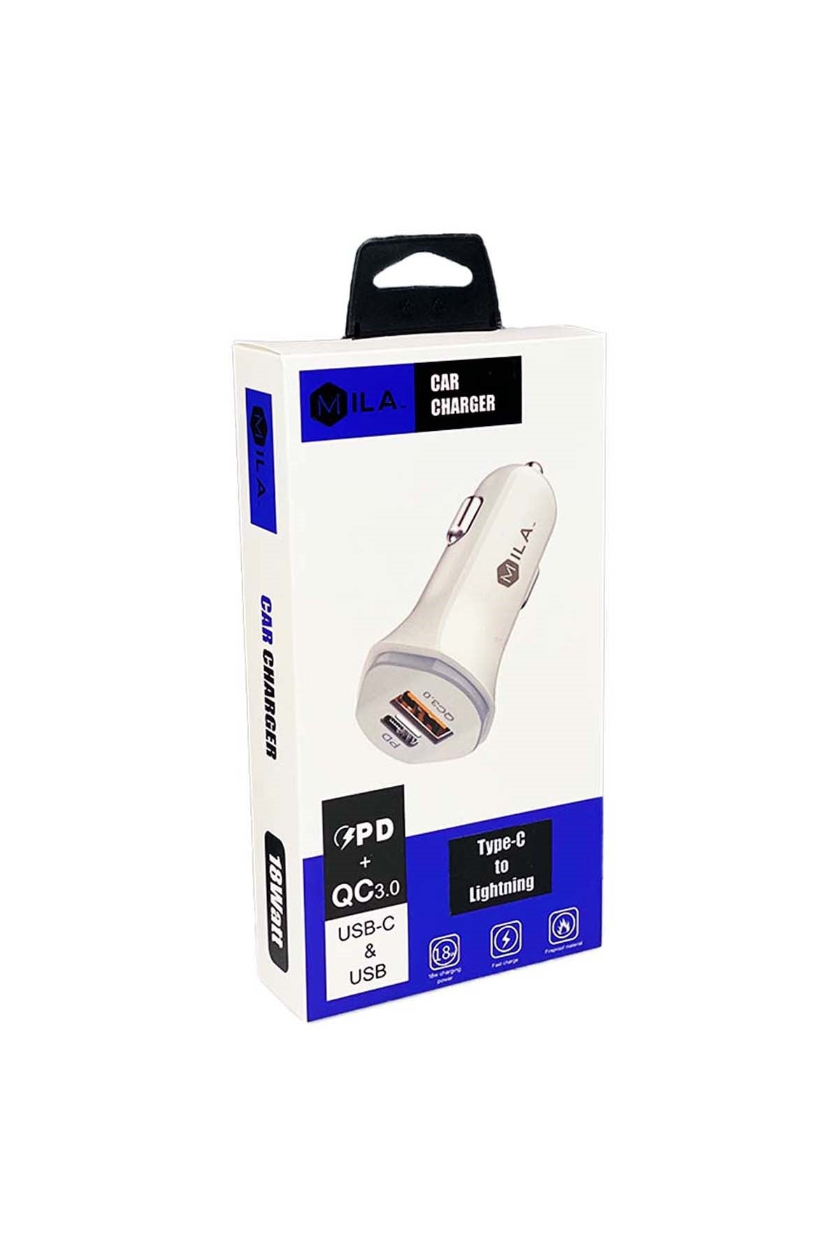 Mila 3.0A Fast Charge USB And USB-C Port Car Charger With Type-C To Lightning Cable Retail White
