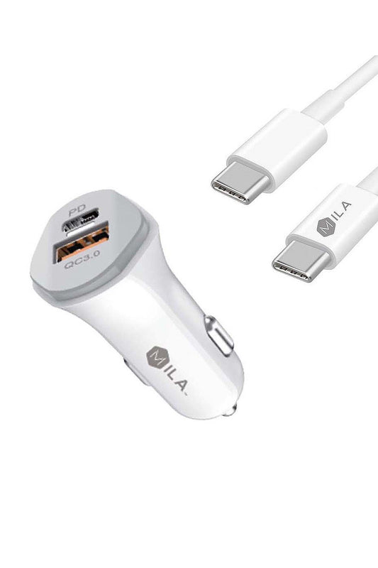 Mila 3.0A Fast Charge USB And USB-C Port Car Charger With Type-C To Type-C Cable Retail White
