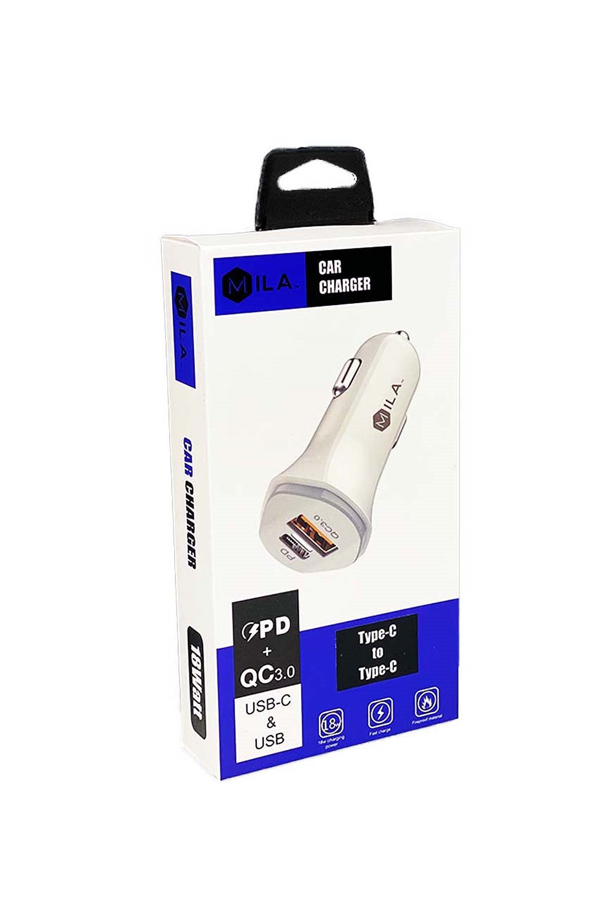 Mila 3.0A Fast Charge USB And USB-C Port Car Charger With Type-C To Type-C Cable Retail White