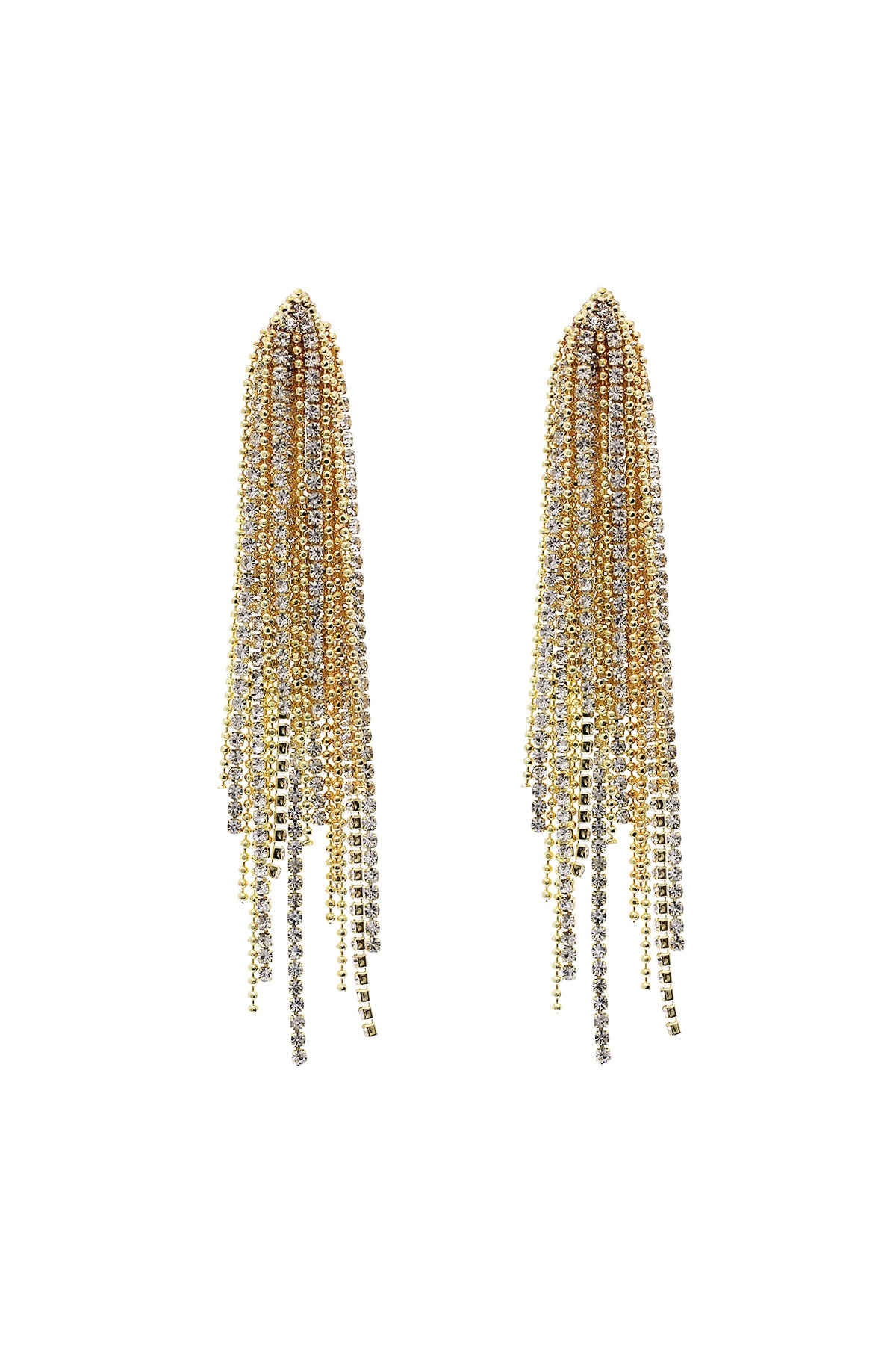 Rhinestone & Ball Chain Fringe Earrings Crystal Gold