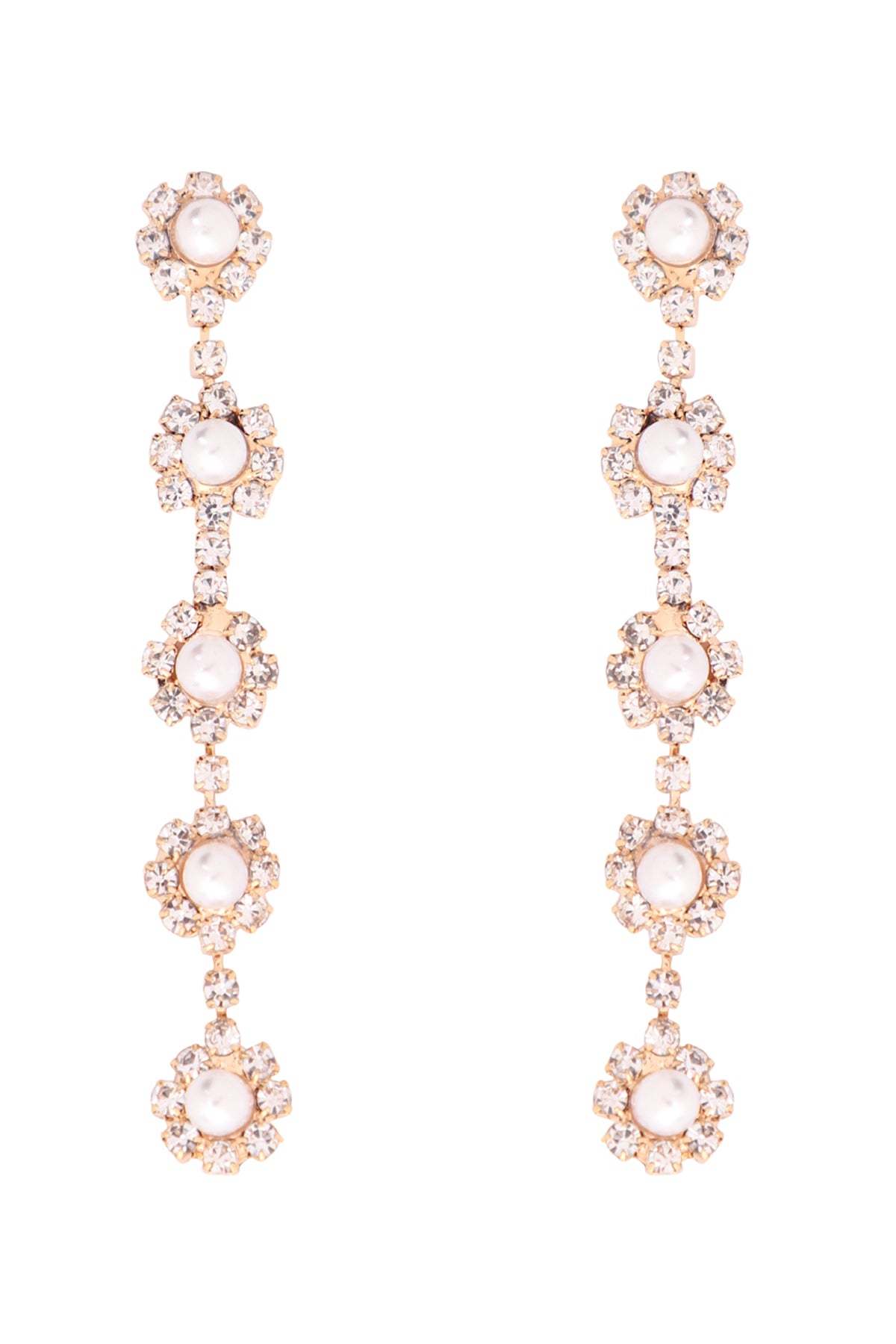 Rhinestone Pearl Five Flower Drop Linked Earring White Gold