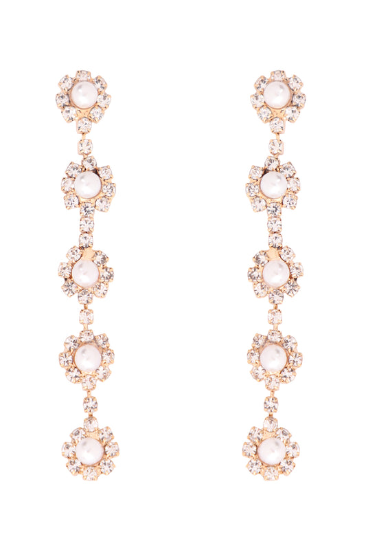 Rhinestone Pearl Five Flower Drop Linked Earring White Gold