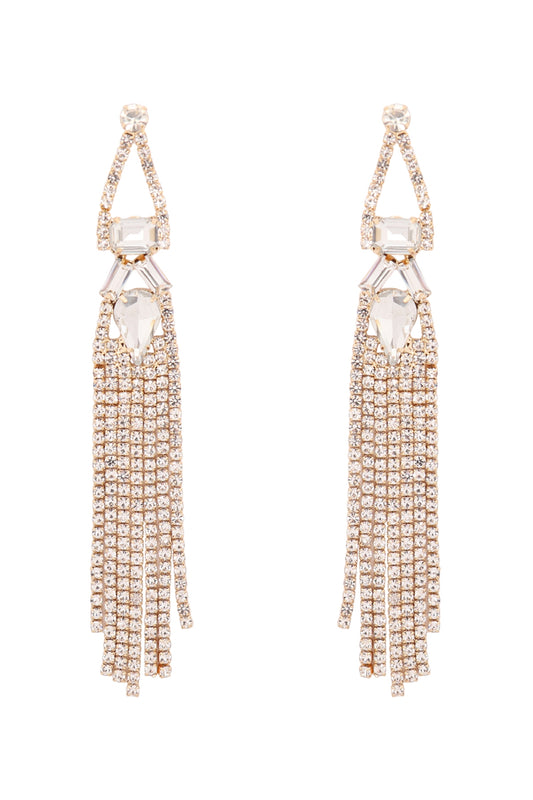 Rhinestone Geo Shape Fringe Post Earring Crystal Gold