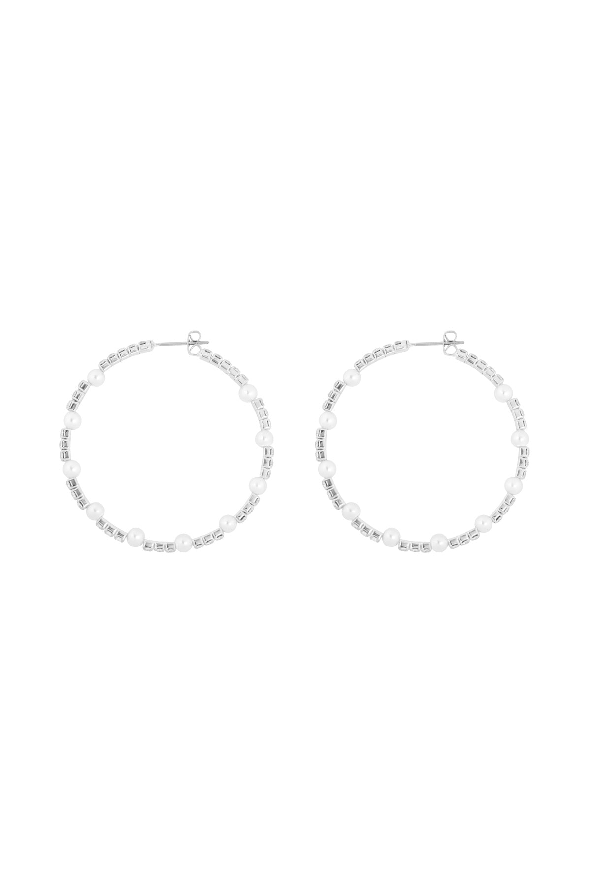 Rhinestone W/Pearl Bead Hoop 1.75 Earrings White Silver