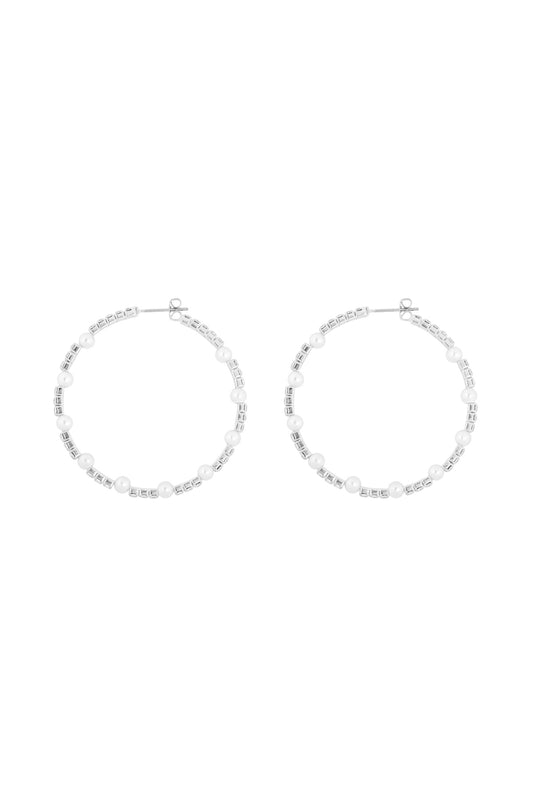 Rhinestone W/Pearl Bead Hoop 1.75 Earrings White Silver