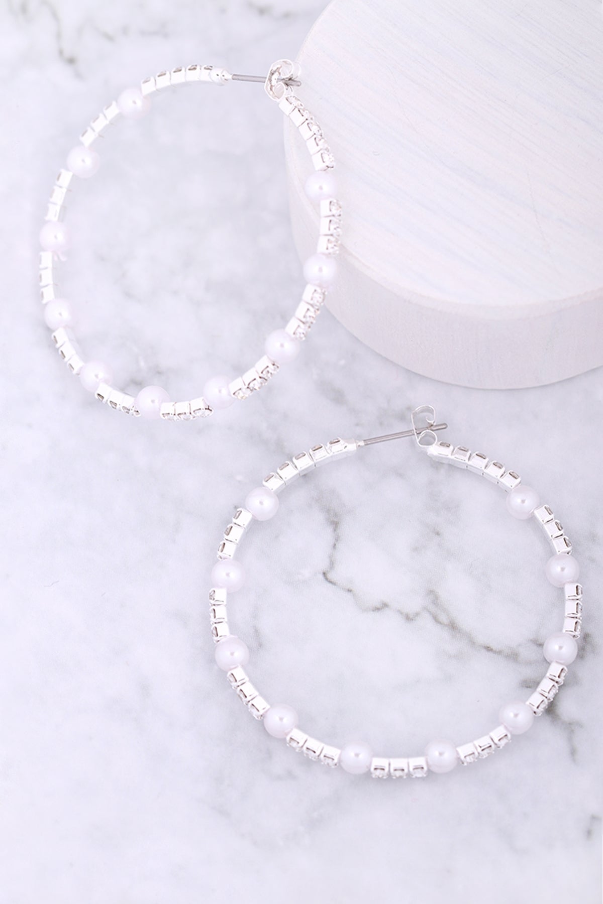 Rhinestone W/Pearl Bead Hoop Earrings