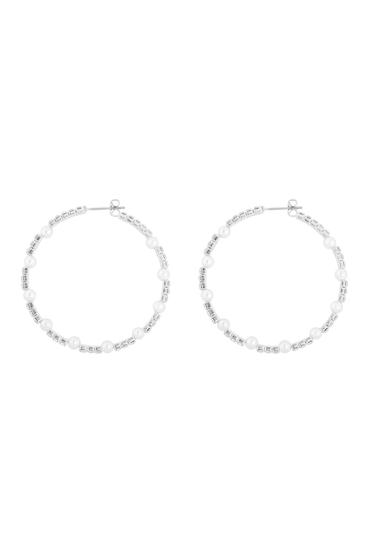 Rhinestone W/Pearl Bead Hoop Earrings White Silver