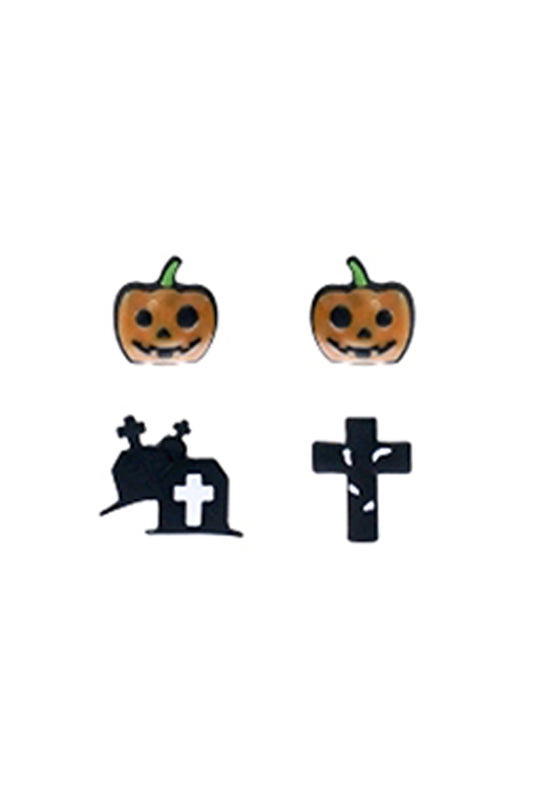 Halloween Pumpkin Tomb Cross Pairs Stud Earrings Black