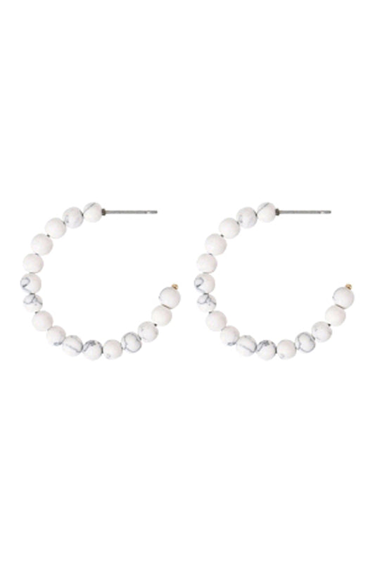 Natural Bead Drop Hoop Earrings White