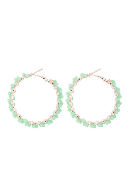 Wired Glass Beads Wrap Hoop Earrings Green