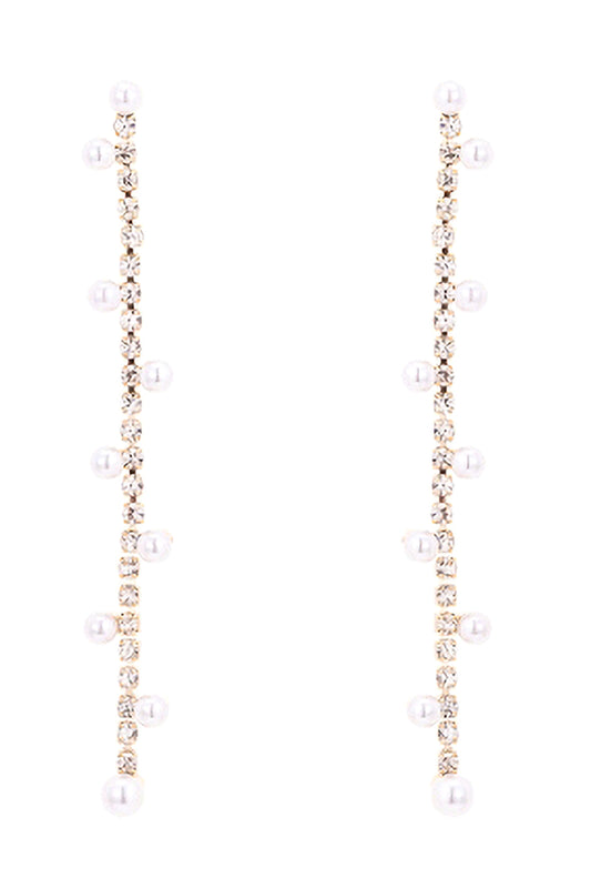 Rhinestone Zigzag Stationed Pearl Drop Earrings White Gold