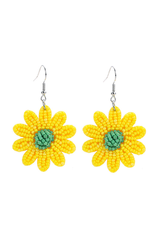 Flower Seed Bead Dangle Fish Hook Earrings Yellow