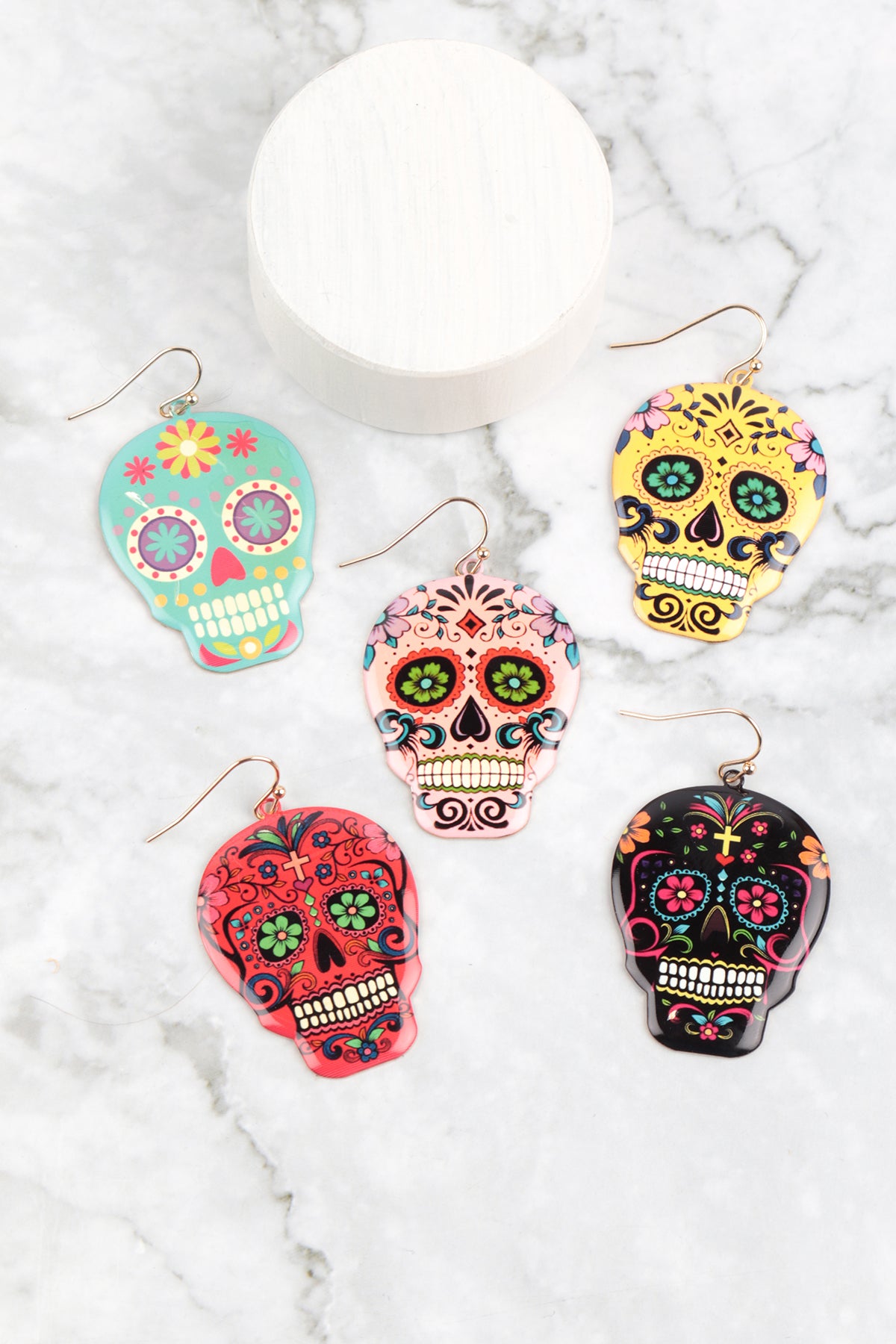 Halloween Sugar Skull Dangle Hook Earrings Yellow