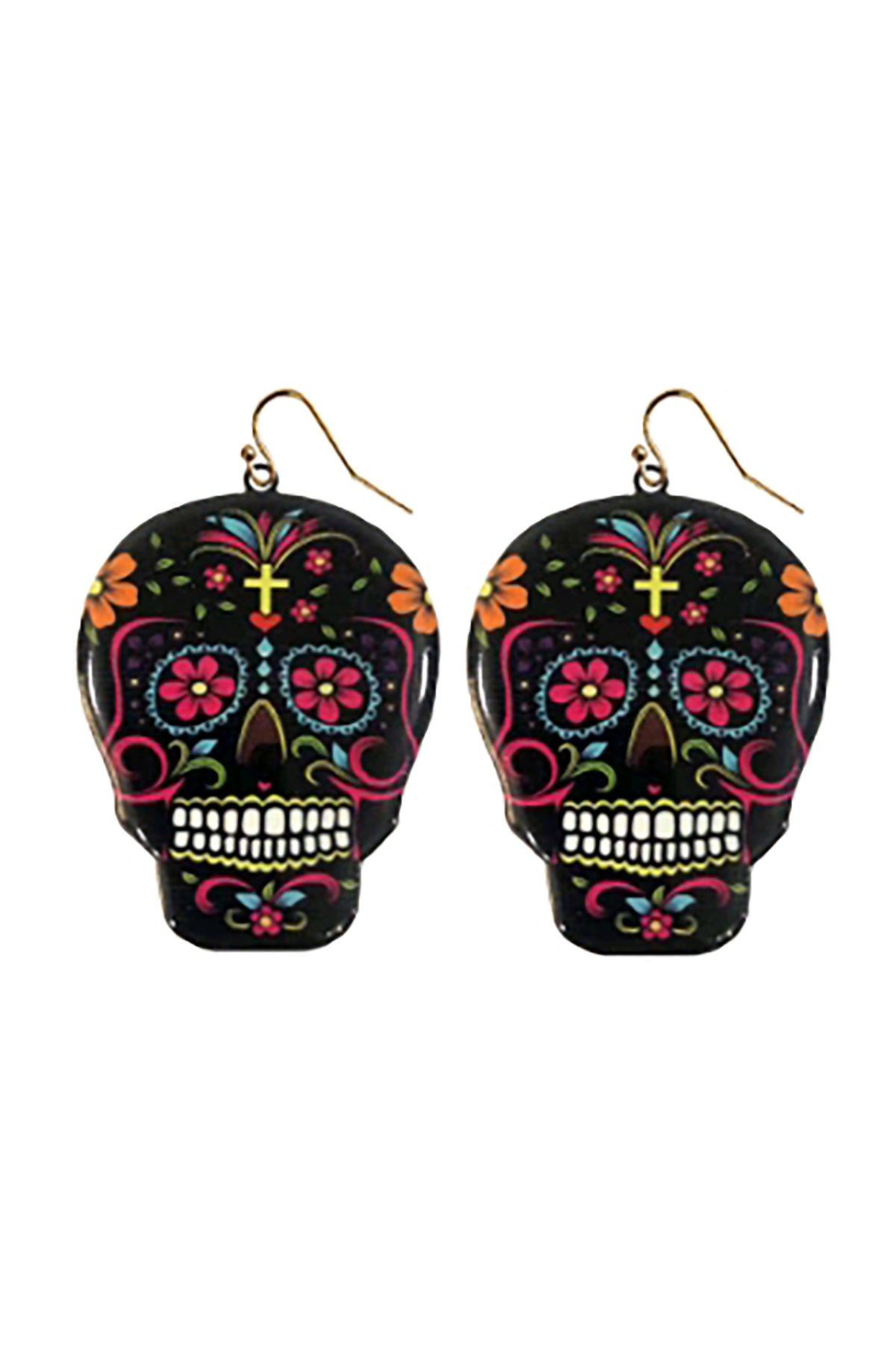 Halloween Sugar Skull Dangle Hook Earrings Yellow