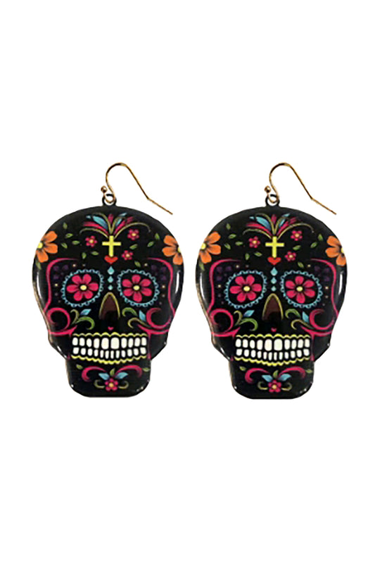 Halloween Sugar Skull Dangle Hook Earrings Yellow