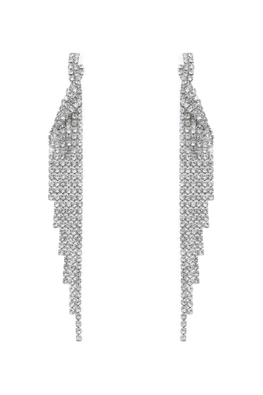 Rhinestone Wing Tassel Drop Earrings Crystal Silver