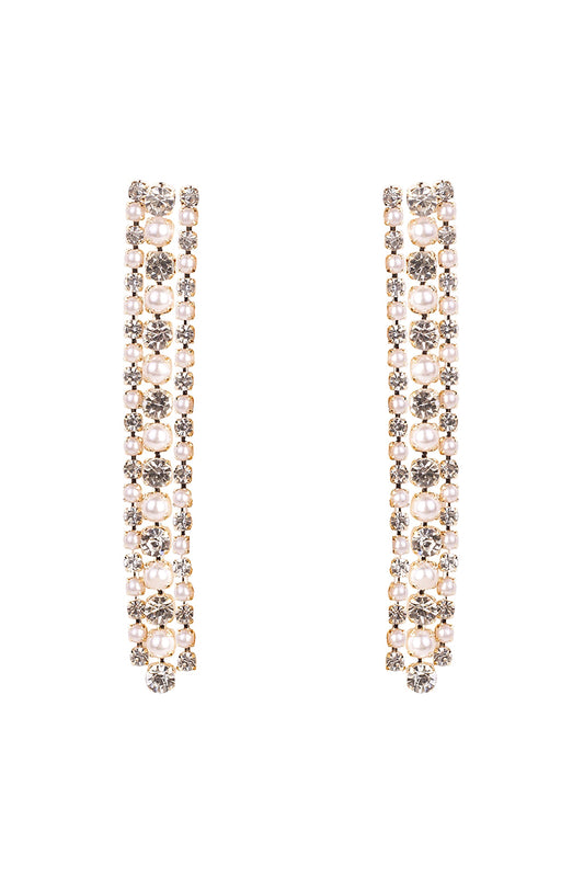 Rhinestone Pearl Line Drop Earrings Crystal Gold