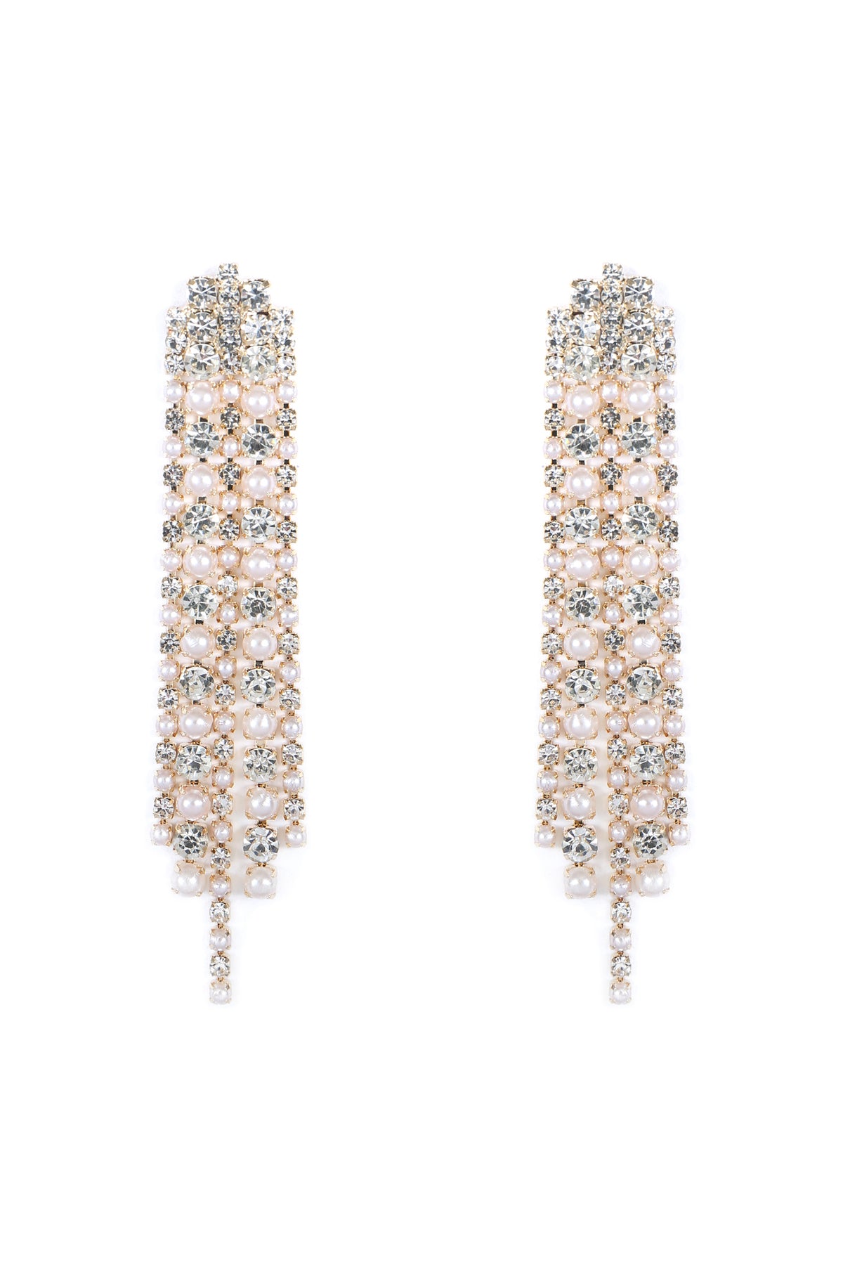 Rhinestone Pearl 5 Line Drop Earrings Crystal Gold