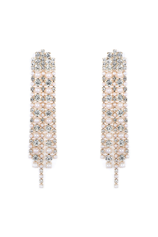 Rhinestone Pearl 5 Line Drop Earrings Crystal Gold