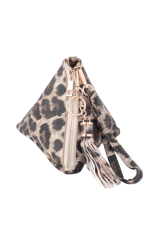 Pyramid Shape Tassel Wristlet Leather Bag