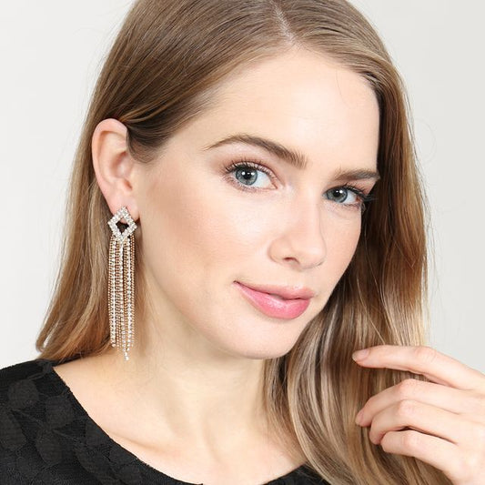 Line Rhinestone Rhombus Fringe Earrings