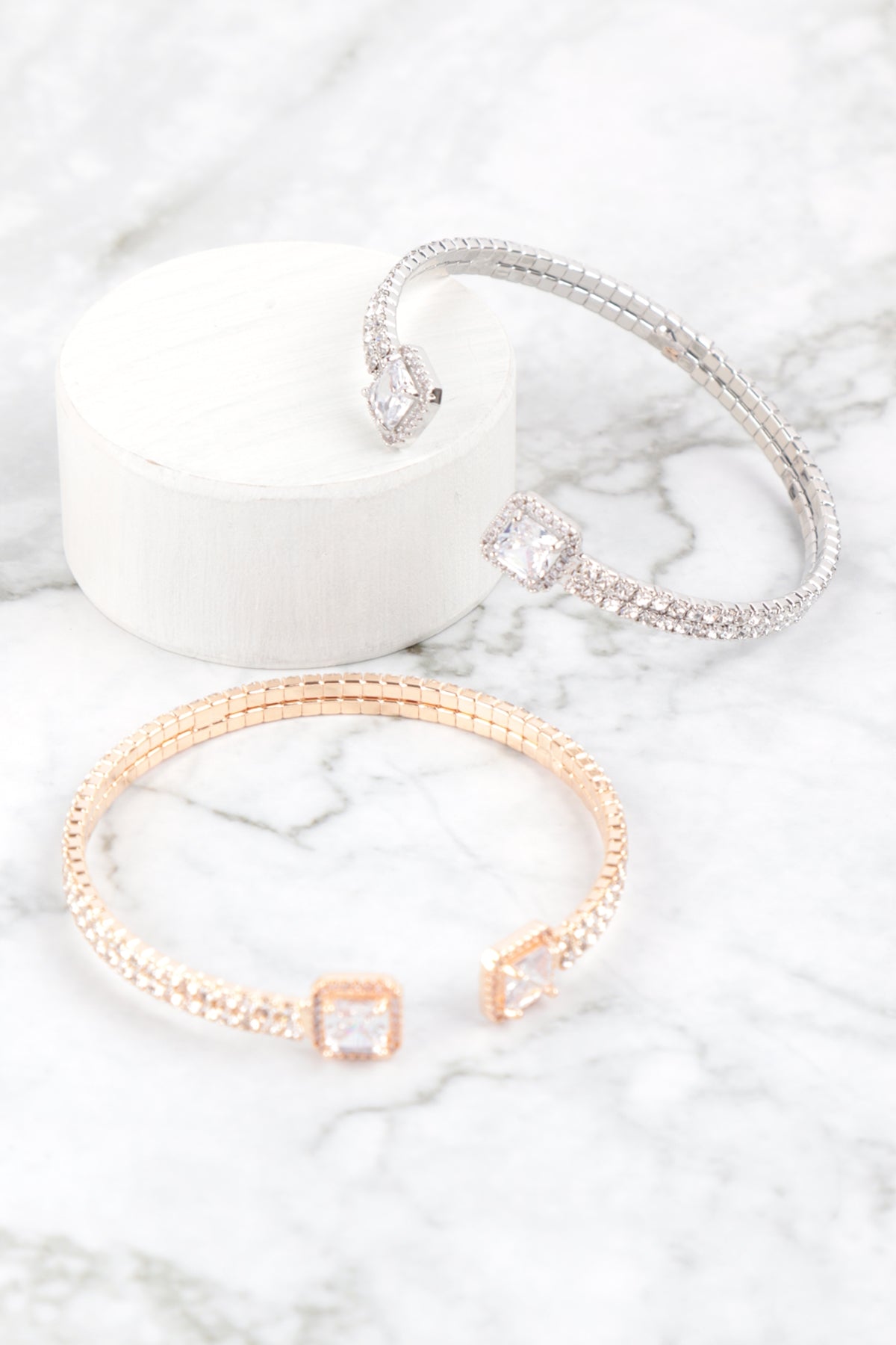Rhinestone Square Cubic Zirconia 2 Line Cuff Bracelet