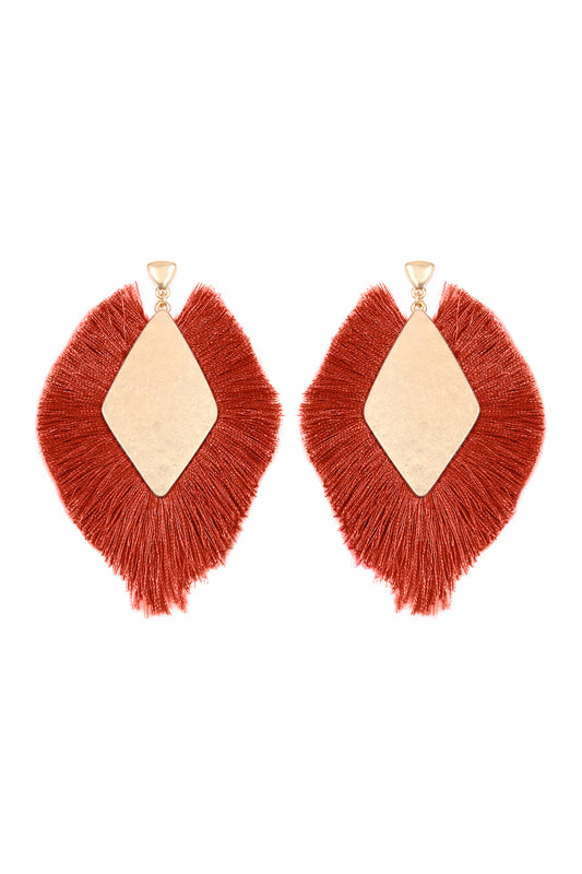 Rhombus Shape Tassel Post Drop Earrings Rust /6Pcs
