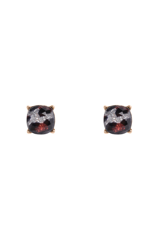 Cushion Cut Glass Stud Earrings Gold Glitter Leopard