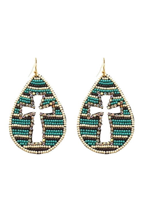 Western seed bead Cross Pattern Teardrop Earrings