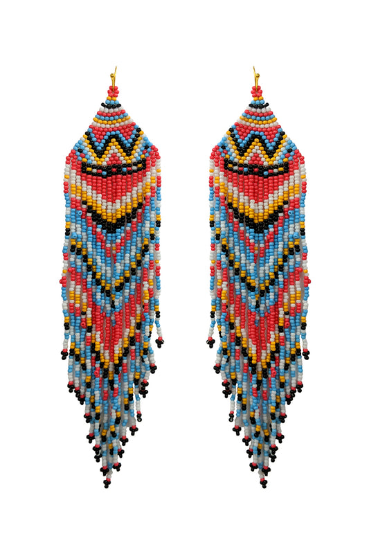 Western Style Aztec Seed Bead Fringe Drop Earrings Multicolor