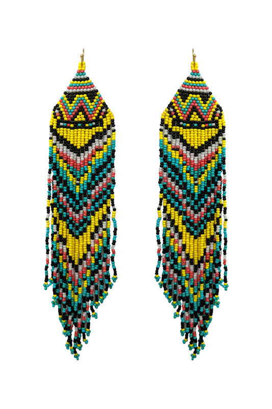 Western Style Aztec Seed Bead Fringe Drop Earrings Multicolor