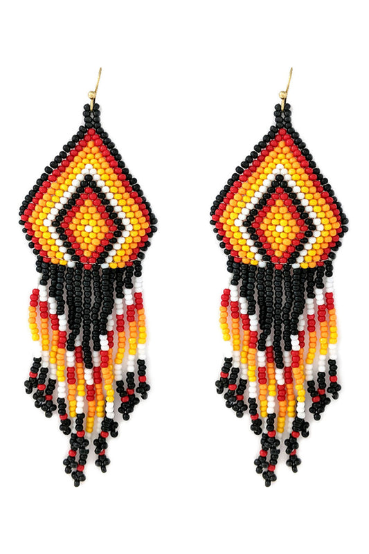Western Seed Bead Geometric Fringe Earrings Black