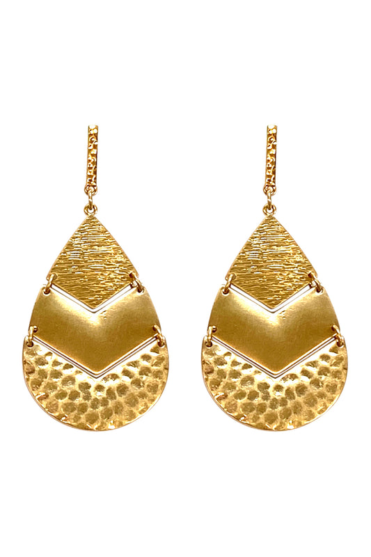Hammered Metal Chevron Tear Drop Post Earrings Matte Gold