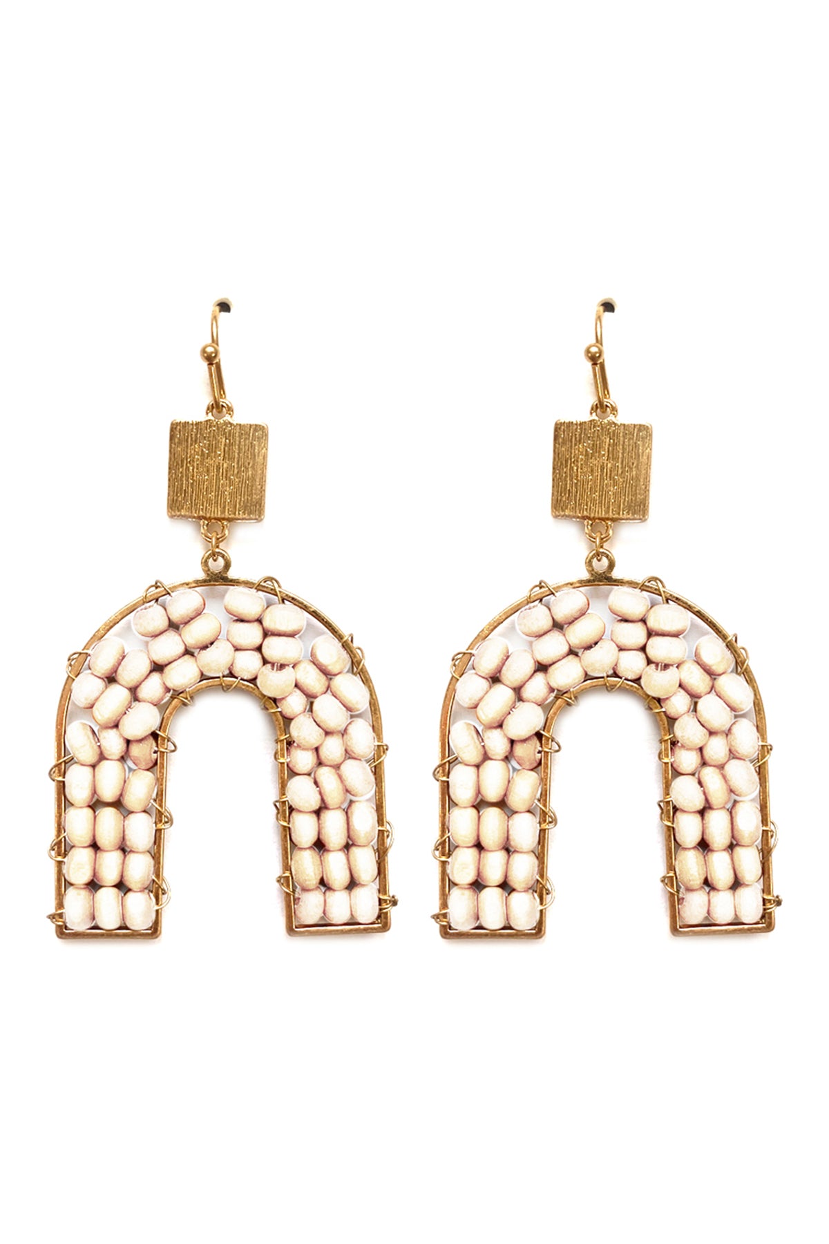 Wood Bead Arc Dangle Earrings Matte Gold Ivory