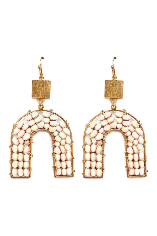 Wood Bead Arc Dangle Earrings Matte Gold Ivory